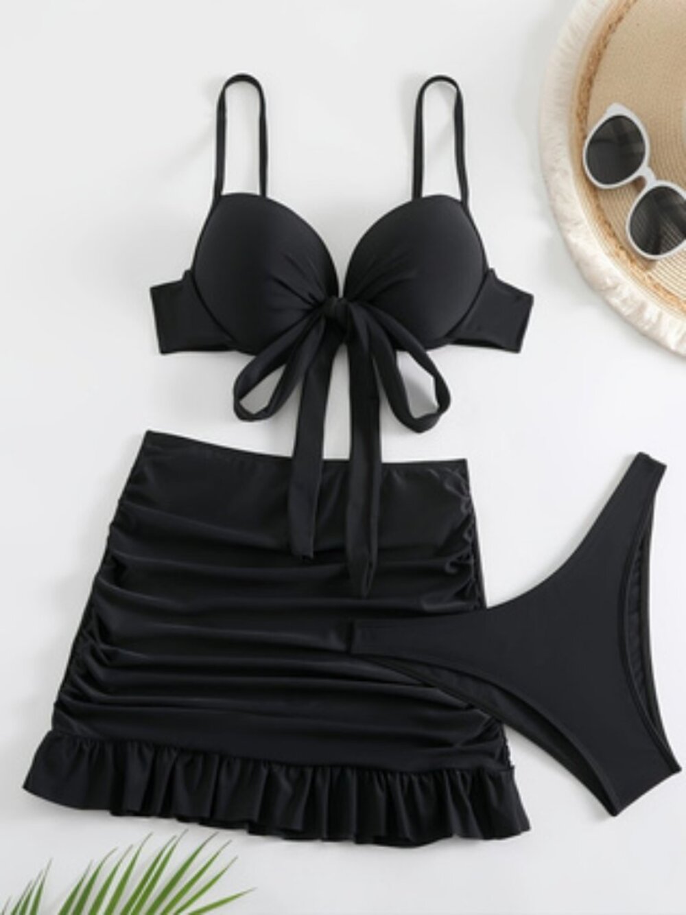 black Women's 3 Pieces Tie Front Push Up Bikini Swimsuit with Ruched Ruffle
